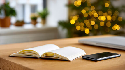 Notebook and smartphone on wooden table. An open notebook and smartphone rest on a wooden table, bathed in soft light for a cozy vibe.
