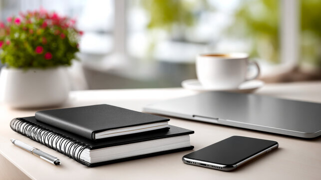 Workspace, notebooks and coffee. A cozy workspace features notebooks, a smartphone, and coffee on a table near a window with plants.