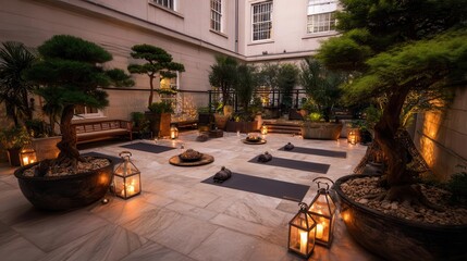 Obraz premium Elegant Outdoor Yoga Space with Bonsai Trees, Lanterns