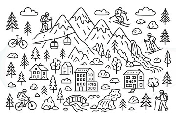 Mountain Adventure Icons. Mountain. Hand-drawn doodle illustration Mountain peaks, climbers, hikers, skiers, snowboards, lifts, chalets, hotels, restaurants,