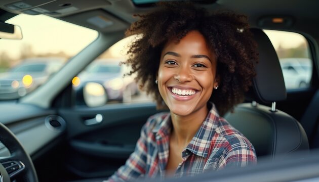 Happy woman sits in new car, smiling. She is excited about her recent purchase and ready for a road trip. This photo conveys joy and freedom. - Powered by Adobe