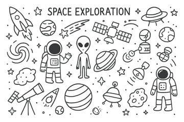 Space Exploration Doodles. Space exploration. Hand-drawn doodle illustration Space exploration, rockets, planets, stars, moons, astronauts, spacesuits, aliens,