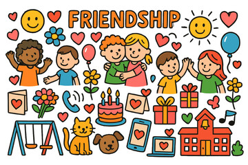 Colorful Friendship Doodles. Friendship. Colorful Hand-drawn doodle Children illustration Friendship hearts, smiles, hugs, flowers, balloons, cakes, candles,