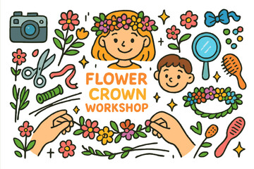 Flower Crown Crafting. Flower crown workshop. Colorful Hand-drawn doodle Children illustration Flower crown workshop flowers, green stems, scissors, ribbon,