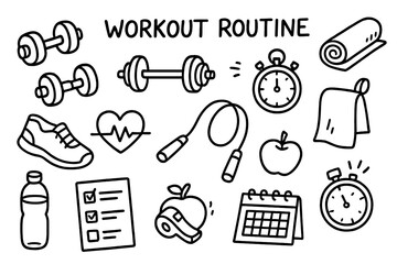 Workout Routine Doodles. Workout routine. Hand-drawn doodle illustration workout routine dumbbells, barbell, stopwatch, mat, shoes, heartbeat, jump rope,