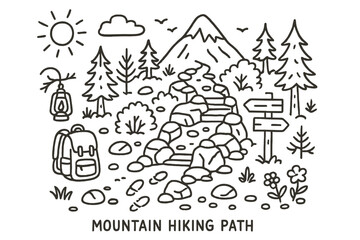 Mountain Hiking Doodle. Mountain Hiking Path. Hand-drawn doodle illustration Mountain Hiking Path rocky trail, steps, trees, bushes, backpack, rocks, signpost,