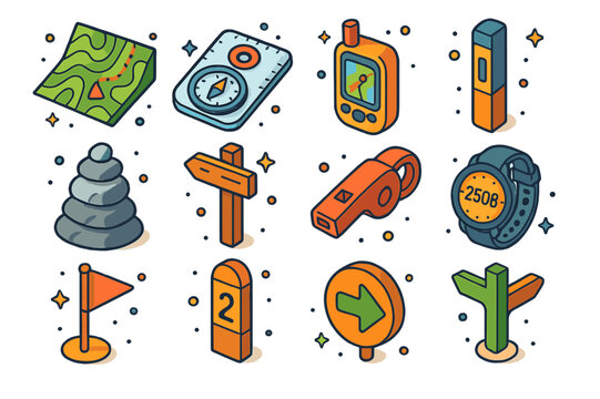 Trail Navigation Icons. Trail navigation. Colorful isometric vector icons set of Trail navigation: topographic map, baseplate compass, handheld GPS, trail