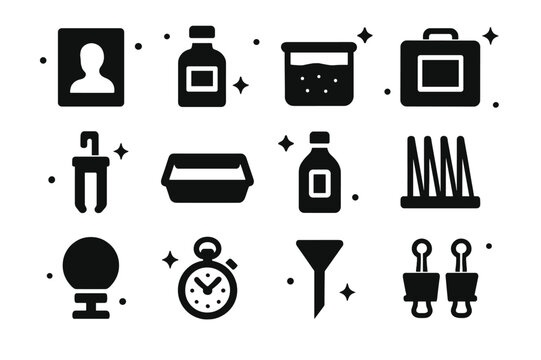 Wet Plate Collodion Icons. Wet Plate Collodion. Solid icons set of Wet Plate Collodion: glass plate, collodion bottle, silver nitrate bath, portable darkbox,
