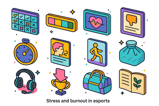 Esports Stress Icons. Stress and burnout in esports. Colorful isometric vector icons set of Stress and burnout in esports: scrim schedule board, energy bar