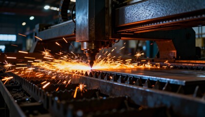 CNC plasma cutting machine slicing through a metal sheet with sparks. Industrial metal fabrication process in a factory workshop. Heavy industry and manufacturing technology