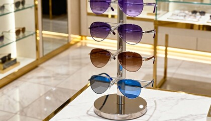 A collection of colorful aviator sunglasses on a display stand in a luxury retail store. Modern fashion eyewear for sale in a high-end optical shop
