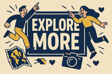 Explore Together Banner. Explore more banner, flat vector illustration, bold oversized text inside rectangular frame, cartoon characters pointing and jumping,