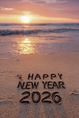 Happy New Year 2026 Etched in Sand with Elegant Snowflakes and Warm Sunrise over Ocean &ndash; perfect for holiday celebrations