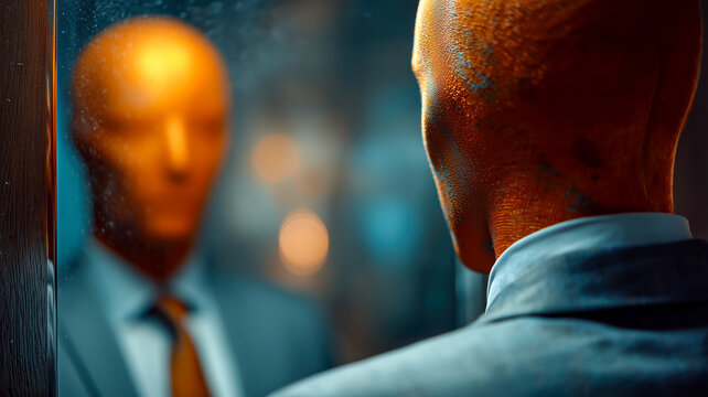 A reflective moment. A figure in a suit gazes into a mirror, contemplating a blurred reflection of the same suit. An introspective shot.