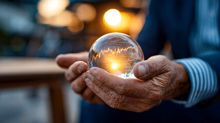 Elderly hands delicately cradle a crystal ball reflecting a dynamic stock graph. A moment of contemplation on market trends.
