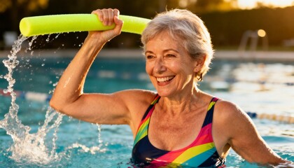 Smiling senior woman exercising with a pool noodle during a water aerobics class. Active older lady enjoying a healthy lifestyle in a swimming pool. Active aging and retirement fitness concept