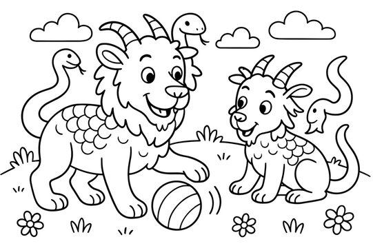 Chimera Playtime Coloring. Mythical creature family children?s coloring book illustration, outlined drawing, a chimera parent and a baby chimera playing with a