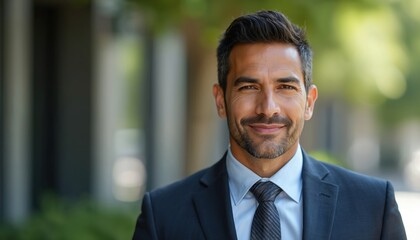 Confident Hispanic businessman smiles for portrait outdoors. Pro man wears a dark suit, tie in an urban setting. He looks friendly, successful, ready for new opportunities. An executive leader.