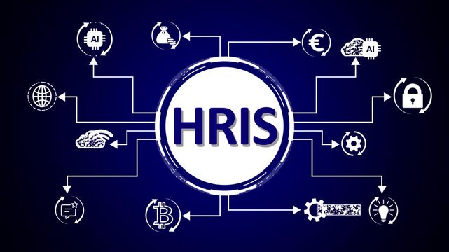 Human Resources Information System HRIS Concept with Icons and Glowing Lines on blue Background Keywords: HRIS, Human Resources Information System, human resources, HR