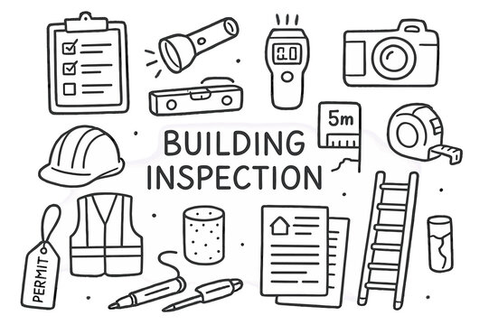 Building Inspection Tools. Building inspection. Hand-drawn doodle illustration building inspection clipboard, checklist, flashlight, moisture meter, spirit