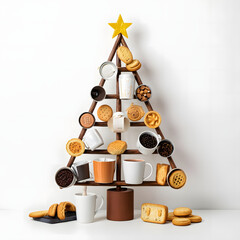 Creative Christmas tree made from coffee shop items: cups, espresso machines, coffee beans, milk cartons, and pastries. Cozy vibe, clean white background with space for tex