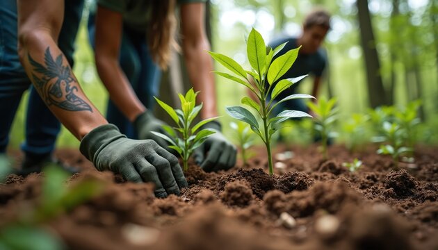 Hands in gloves plant young trees in forest soil. People work together outdoors for ecosystem growth and nature conservation. This scene shows teamwork helping environment. - Powered by Adobe