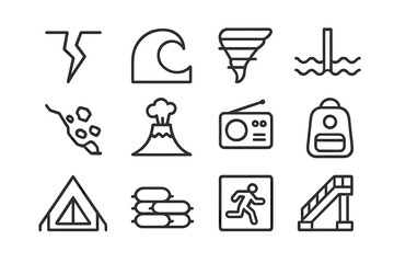 Natural Disaster Icons. Natural Disaster Response. Line icon set of Natural Disaster Response: earthquake crack, tsunami wave, tornado funnel, flood level