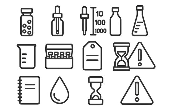 Homeopathy Icon Set. Homeopathy. Line icon set of homeopathy: small vial, pellets, dropper bottle, dilution scale, succussion bottle, glass beaker, remedy kit,