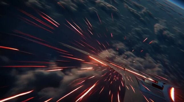 Futuristic Spaceplane Re-Entering Earth's Atmosphere with Fiery Hull and Turbulence