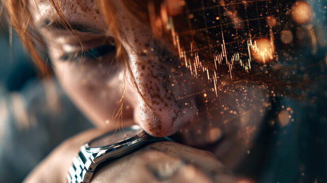 Close-up of a thoughtful person with freckles, silver watch on their wrist and digital chart graphic overlay adding a modern, complex feel.