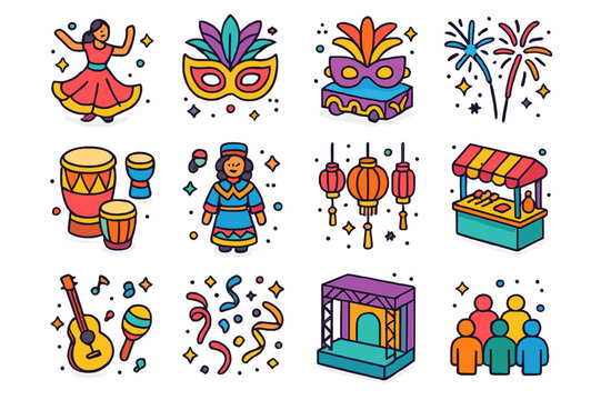 Cultural Festival Icons. Cultural festivals. Colorful isometric vector icons set of cultural festivals: traditional dance, festival mask, parade float,