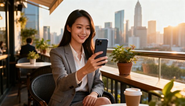 Smiling young Asian woman having a video call on her smartphone. Professional businesswoman sitting on a modern city terrace at dusk
