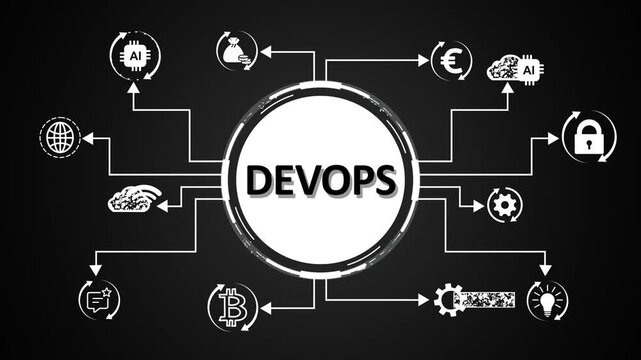 DevOps Concept with Icons for Workflow Automation and Business Growth &ndash; Software Development, Continuous Integration and Agile Technology Strategy.