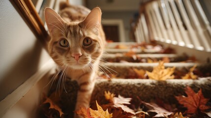 Adorable ginger cat walking down autumnal stairs indoors