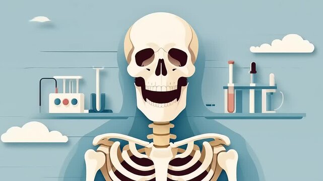 Human skeleton in laboratory setting.