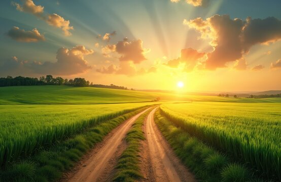 Long winding dirt road cuts through vast green fields at sunset. Golden sunlight bathes peaceful landscape, creating beautiful nature scene. Clouds, sun rays fill bright sky above rural farm land