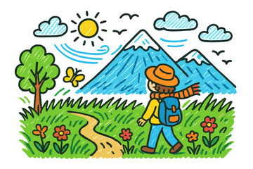 Obraz premium Colorful Mountain Doodle. mountain view. Colorful Hand-drawn doodle Children illustration mountain view person, tall grass, wind, distant mountain, clouds,