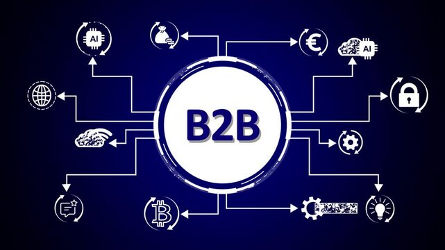 B2 B business concept infographic diagram with icons representing finance strategy teamwork innovation search and growth on blue background