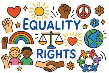 Fototapeta premium Equality and Unity Symbols. Equality and rights. Colorful Hand-drawn doodle Children illustration Equality and rights justice scales, heart, rainbow,
