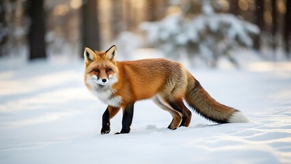 Fototapeta premium Red Fox in a Snowy Forest Wildlife on a Red Background