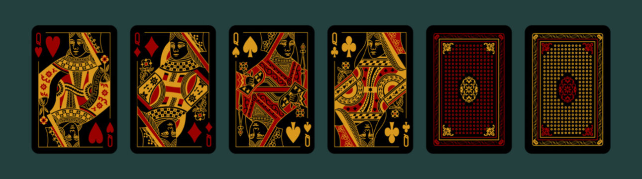 Playing Poker cards set. Four Queens suits of Hearts, Spades, Clubs, Diamonds. Face and back side. Dark Black design. Printable vector gambling cards isolated on background.	