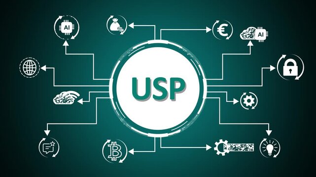 USP Hexagonal Network Diagram with Business Icons and Blue Background Unique Selling Proposition