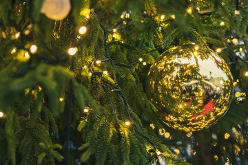 Close-up detail of a Christmas tree with a shiny golden bauble, surrounded by twinkling lights and green pine needles