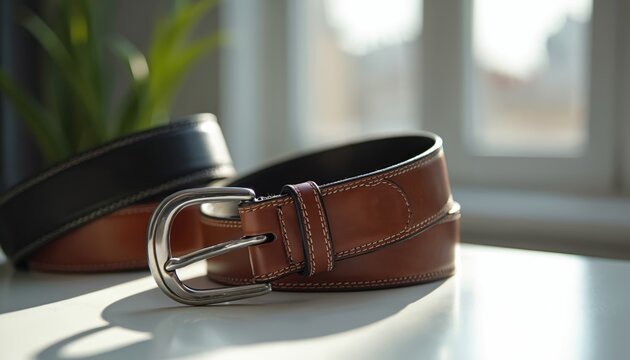 Leather belts lie on white surface near window. Brown belt is at front. Second black belt is at background. Fashion accessory for men or women. Style concept for brand advertising.