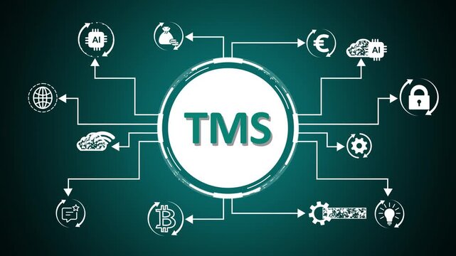T M S business strategy concept network diagram with icons representing finance teamwork innovation growth search goals and operations on a dark cyan background abstract technology