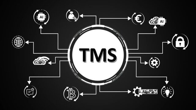 T M S business strategy concept network diagram with icons representing finance teamwork innovation growth search goals and operations on a dark black background abstract technology