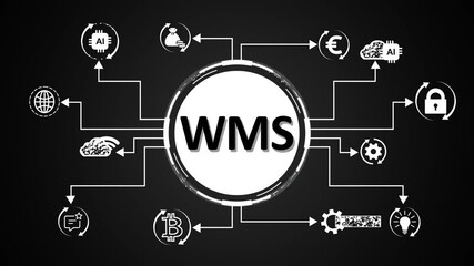 Warehouse Management System W M S concept network diagram with icons for finance strategy teamwork innovation operations and analytics on black background digital technology - Powered by Adobe