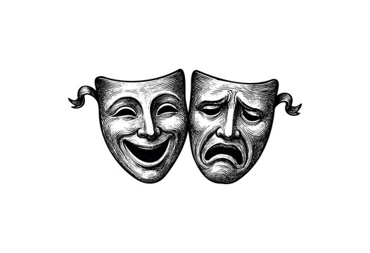 Detailed engraving of classic comedy and tragedy theater masks &mdash; stock vector.
