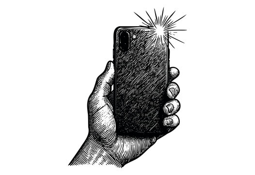 Vintage engraved illustration of a hand holding smartphone with camera flash &mdash; stock vector.