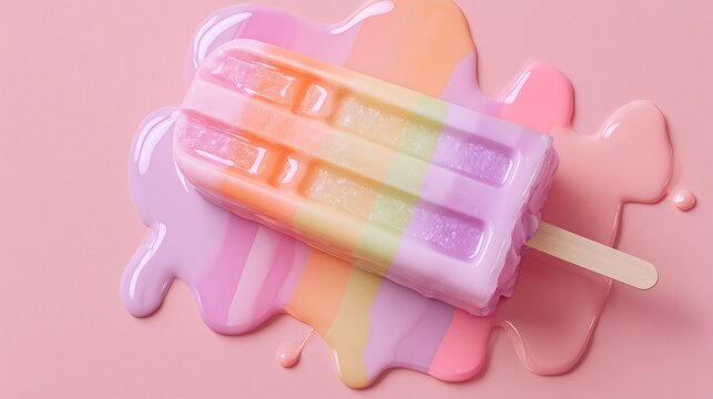 Colorful popsicle melting on pink background for summer fun